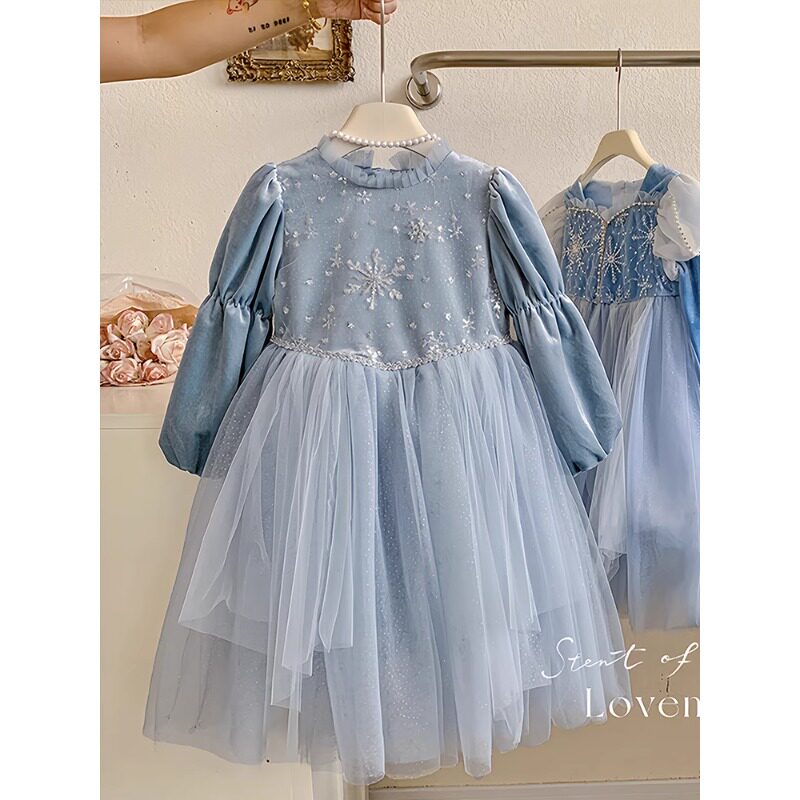 女宝宝秋冬爱莎公主裙洋气小女孩冰雪奇缘蓬蓬网纱披风礼服连衣裙