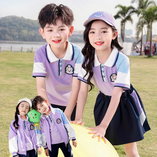 小学生班服夏装紫色运动学院风毕业照服装儿童幼儿园园服校服套装