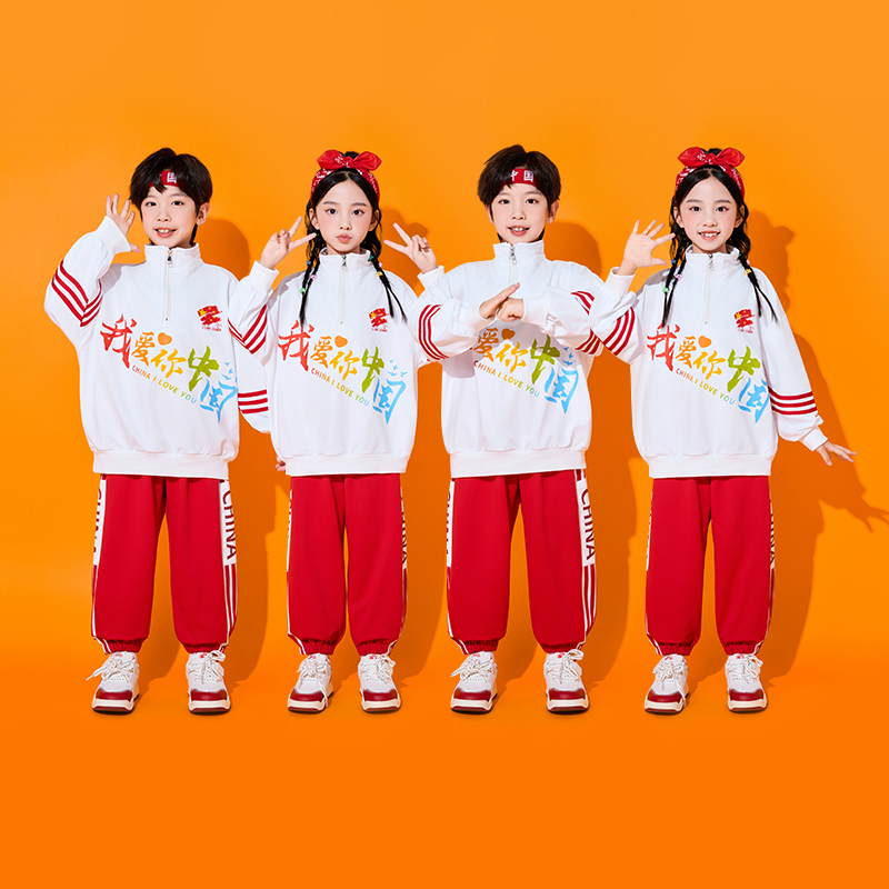 儿童啦啦队演出服小学生运动会开幕式服装中国风红合唱班服表演服