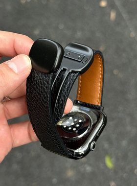 适用苹果applewatch11表带ultra3高级真皮质磁吸荔枝纹fit4小米89