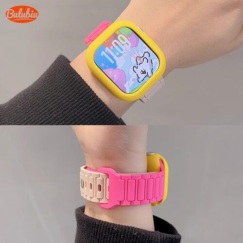 反扣硅胶竹节款多巴胺撞色表带适用iwatch10代苹果applewatch9876