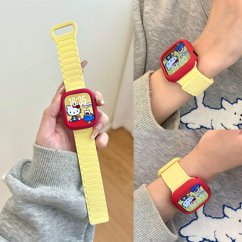 适用iWatchs11表带奶黄张婧仪三株硅胶磁吸苹果小米89pro华为fit4