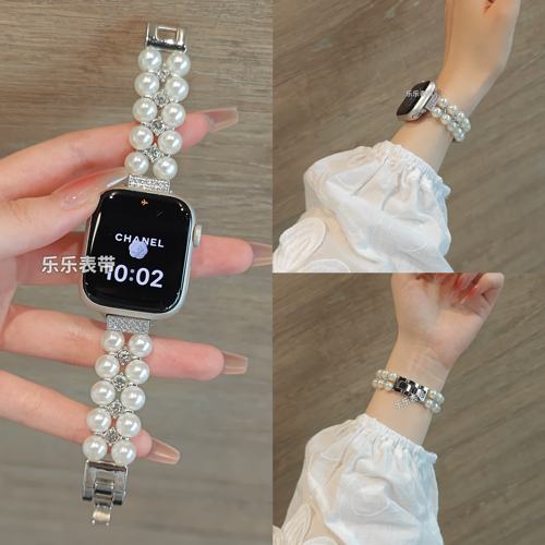 适用iwatch11高级感小香风珍珠手表表带小米89pro女红米6华为fit4