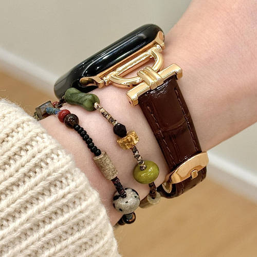 适用iwatch11表带小米98pro真皮鳄鱼皮D字竹节红米65华为fit4高级