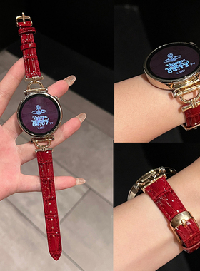 适用华为gt5手表带亮面鳄鱼纹真皮红色秋冬watch34proGT6Fit3女款