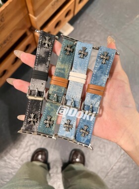 复古做旧牛仔扎染华为fit4十字架表带适用iwatch10986红米543小米
