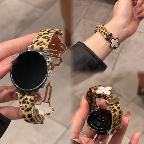 豹纹四叶草磁吸扣皮质表带适用华为gt6手表watch5秋冬GT3高级fit4