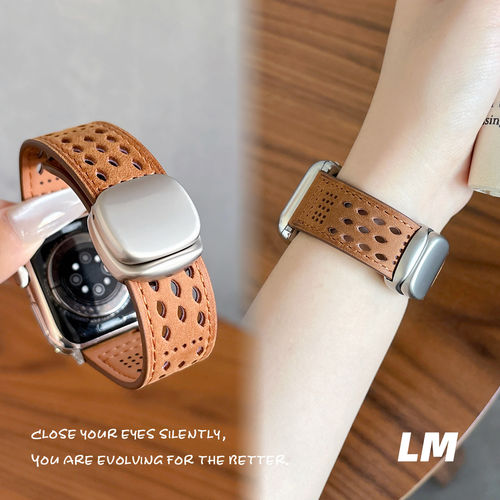 适用iwatch11苹果小米89pro表带疯马镂空皮磁吸透气华为fit4红米6