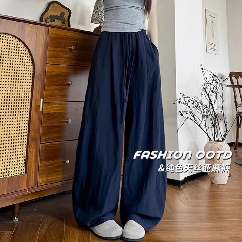 天丝亚麻氧气裤女2025秋季新款纯色冰丝褶皱休闲裤高腰显瘦阔腿裤,女装/女士精品,休闲裤,淘宝优惠券,粉丝福利购,淘宝优惠卷