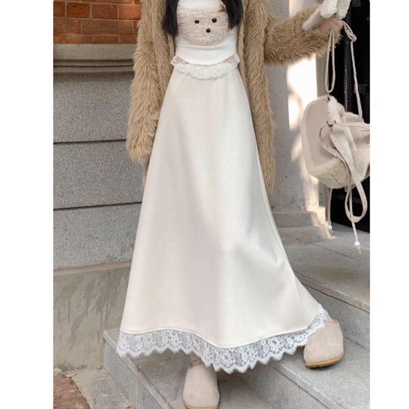 气质高级感蕾丝花边拼接半身裙秋冬长裙显瘦针织女式漂亮女装独特