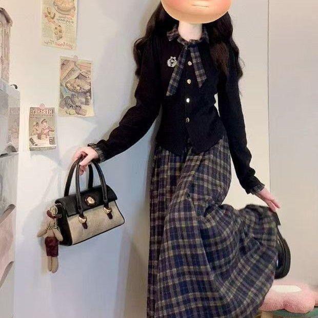 大码学院风黑色格纹连衣