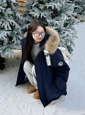 七七羽 学院风藏蓝色工装羽绒服派克服女短款小个子毛领冬季外套