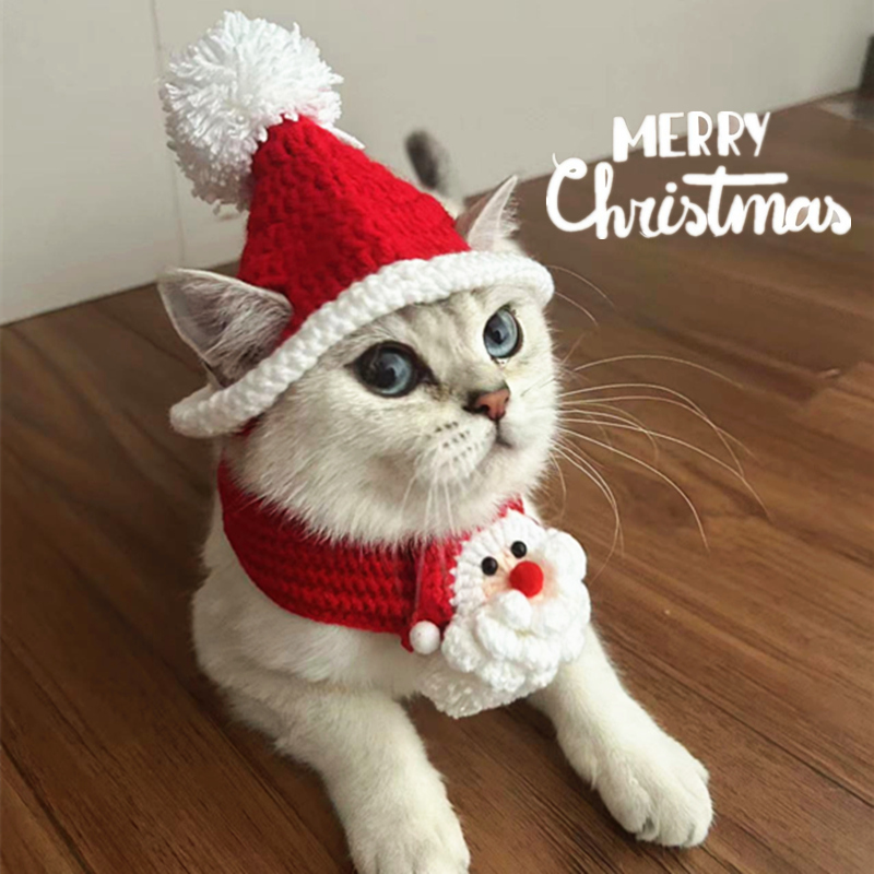 猫圣诞老人红色帽子白球头套针织