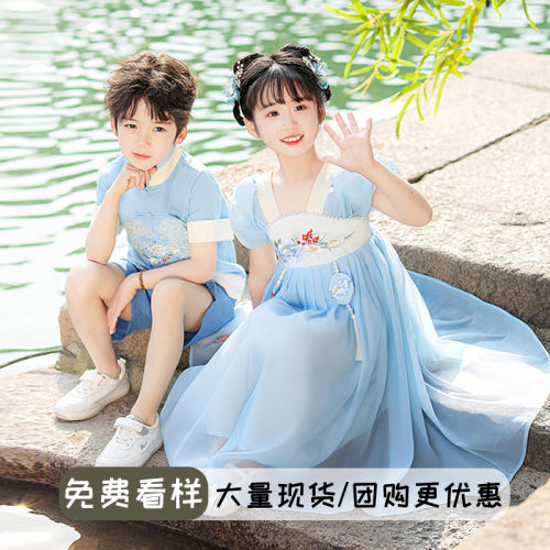 儿童夏季六一节表演服古典唐装汉服舞蹈服古风新中式纱裙演出服