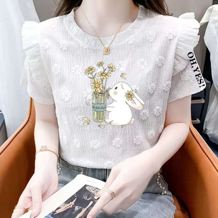 雪纺小衫女装夏季新款白色短袖T恤小个子印花洋气减龄雪纺上衣