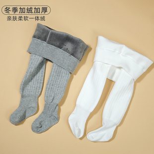 秋冬款女童打底裤加绒加厚小童连裤袜纯色保暖条无骨纹宝宝连体袜