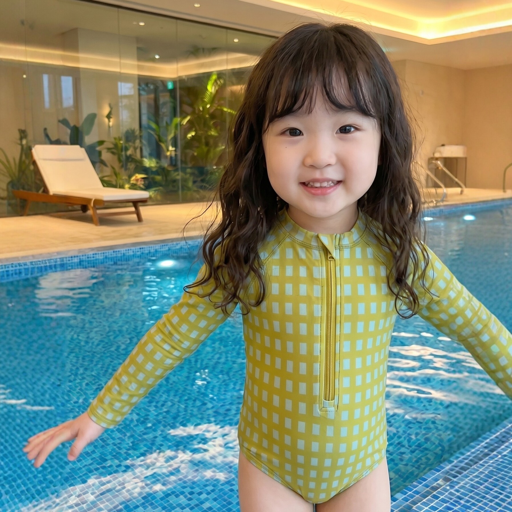 宝宝泳衣夏装超好看女童蓝黄格拼色长袖修身游泳衣小女孩清凉泳装