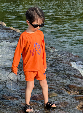 儿童泳衣套装男女童长袖防晒橙色卡通印花泳装海边沙滩度假游泳衣