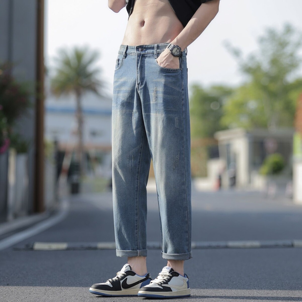 2026春季牛仔九分裤男士破洞潮流百搭青少年哈伦宽松小脚9分男生
