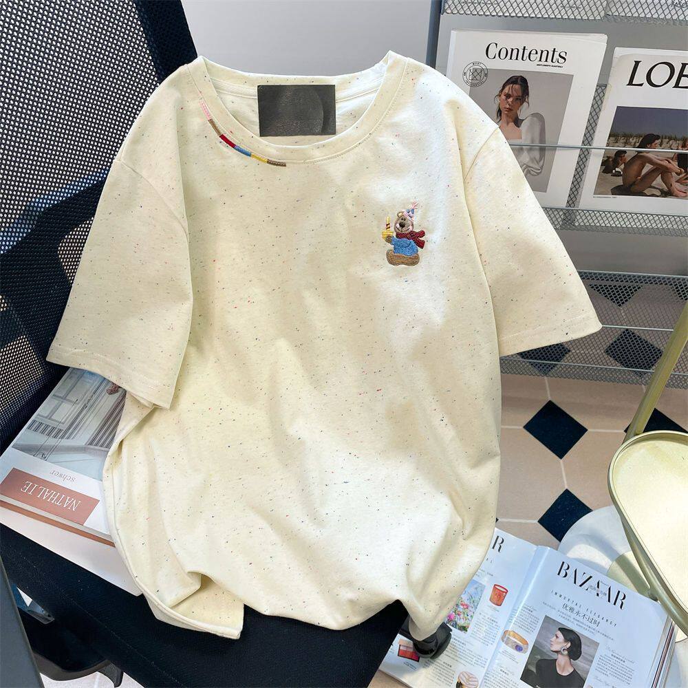 韩版慵懒风彩点小熊刺绣短袖T恤女夏宽松通勤风显瘦圆领上衣