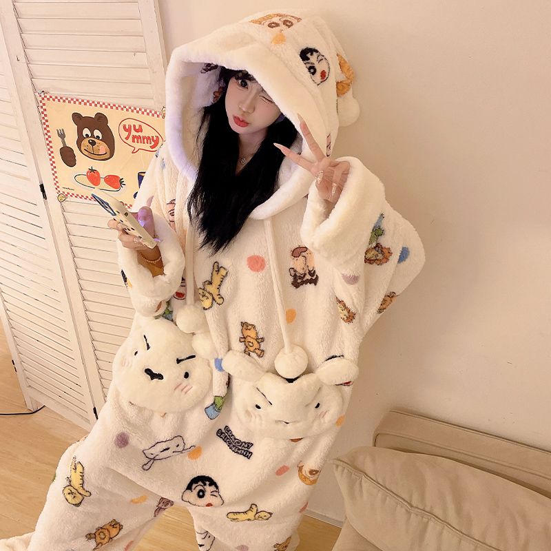 风连帽珊瑚绒睡衣女连体家居服