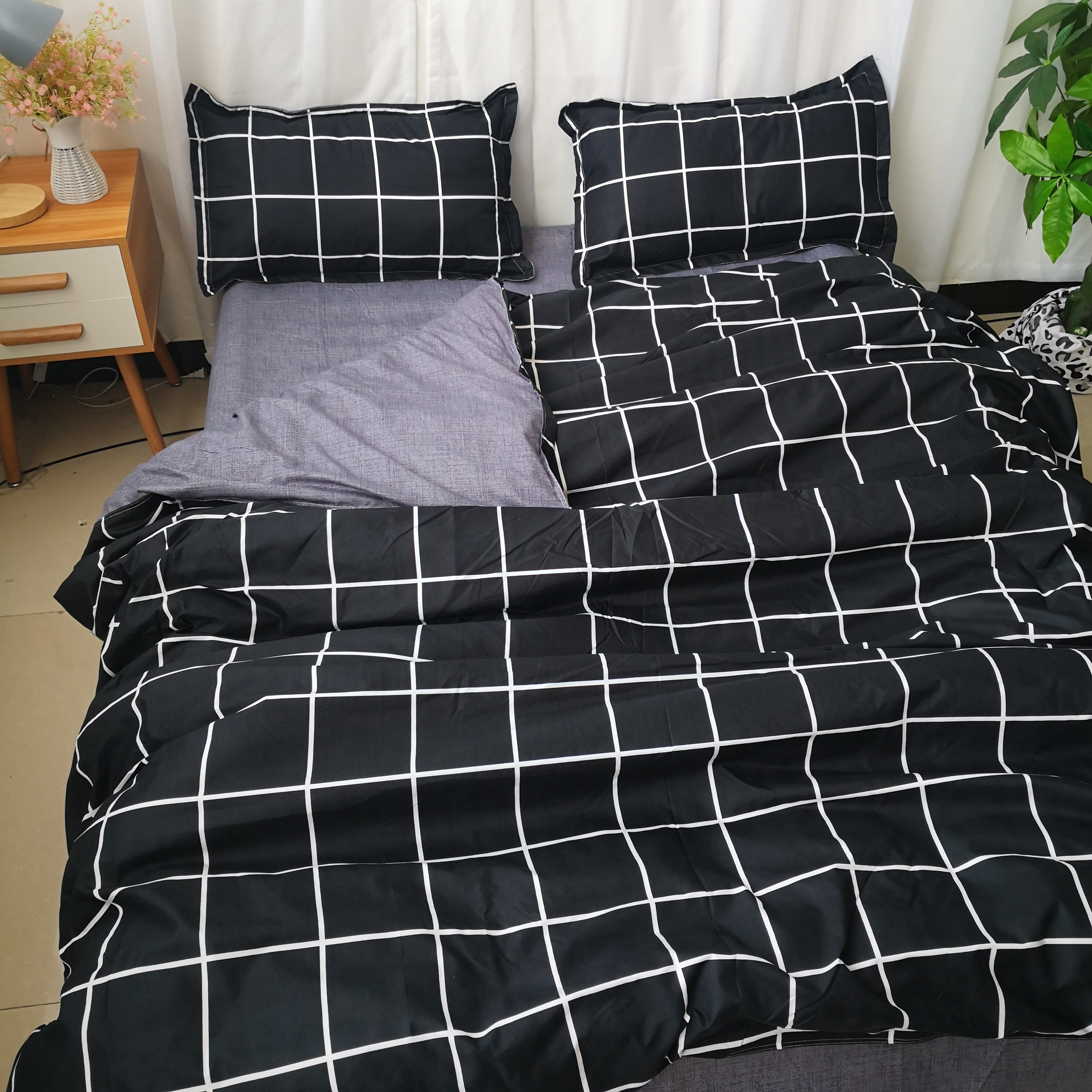 日式简约现代条纹格子被罩单件150x200x230cm双人被套单人被单1.