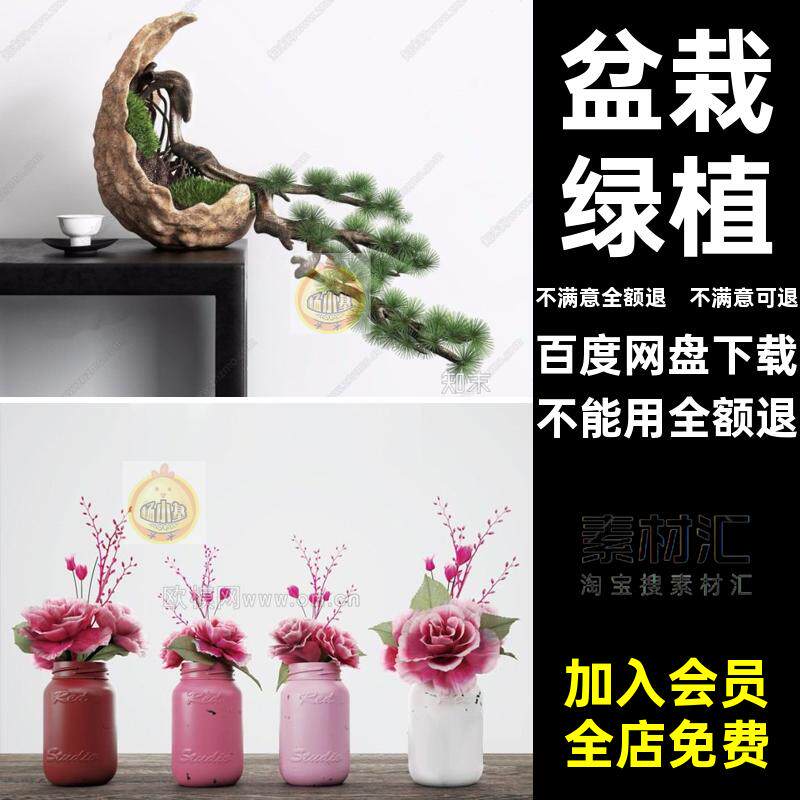 max模型室内花瓶花卉绣球花玫瑰梅花牡丹兰花单体绿植盆栽3d素材