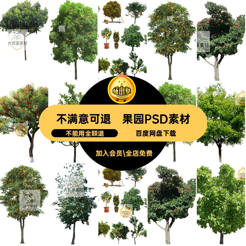 植物园PSD素材柑橘琵琶柚子树荔枝果园分层橙子果树梨石榴平果