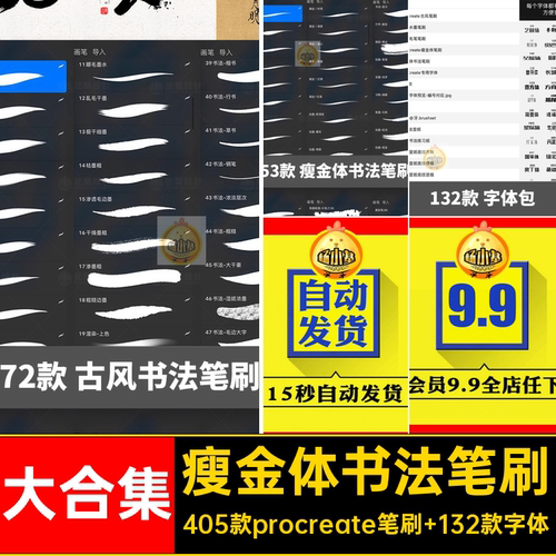 手写书法笔刷405款procreate笔刷 132款字体瘦金