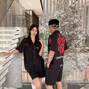 领外穿睡衣夏季 巴洛克潮牌冰丝家居服套装 衬衫 短裤 薄 男女情侣短袖