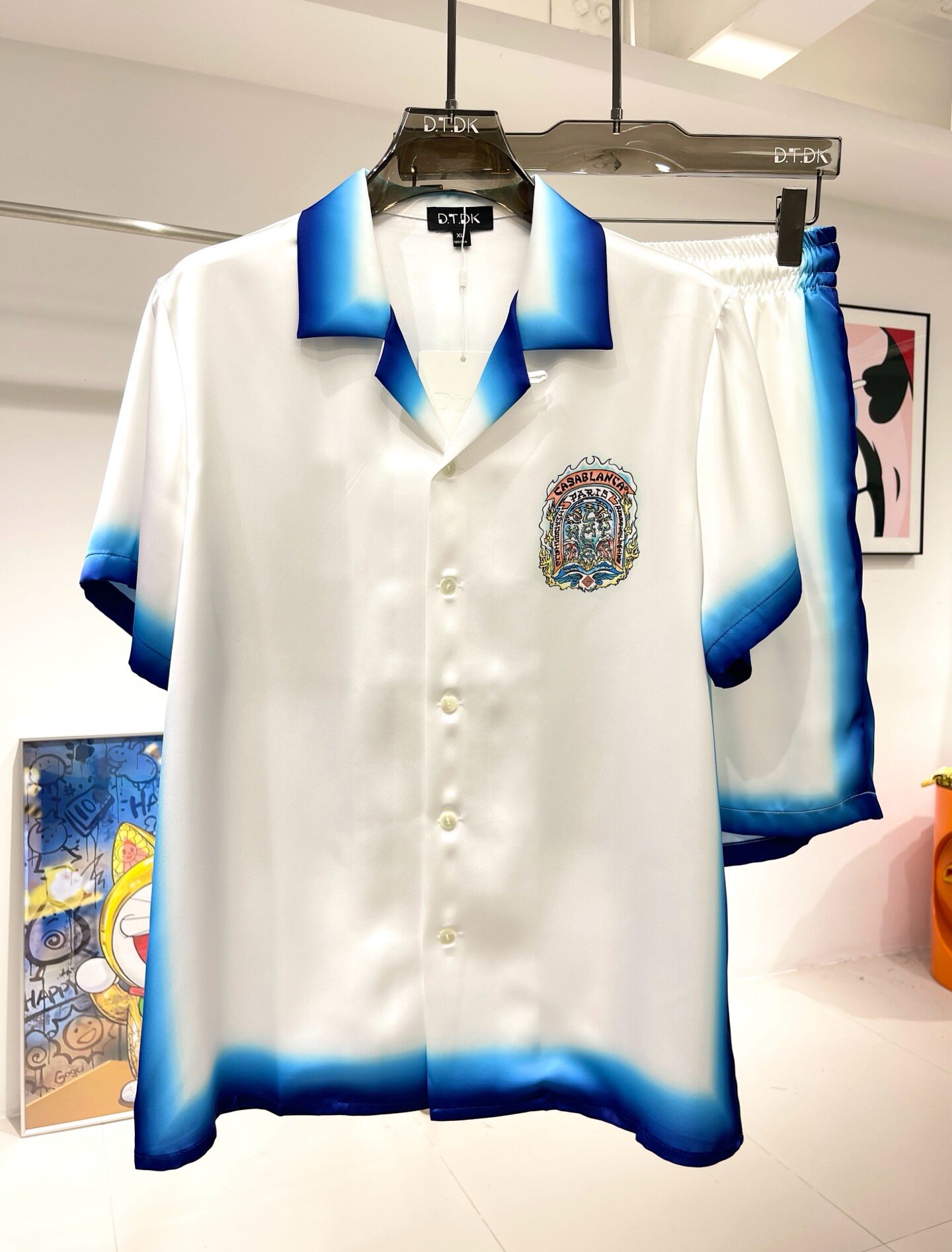 D.T.DK时尚男士睡衣冰丝短袖衬衫套装夏季渐变印花短裤家居服潮牌