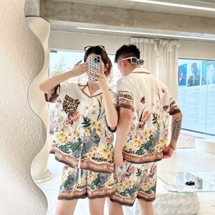 薄款 花卉印花情侣家居服套装 外穿 短裤 巴洛克潮牌冰丝睡衣男女短袖