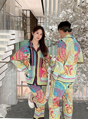 巴洛克潮牌彩色花卉睡衣冰丝长袖瓦萨外穿奢华高端家居服情侣男女