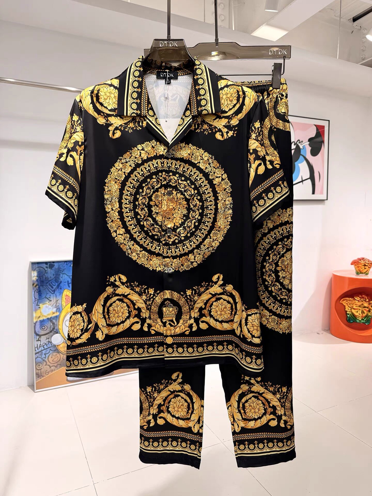D.T.DK潮牌巴洛克夏季冰丝瓦萨家居服套装男士短袖长裤可外穿睡衣