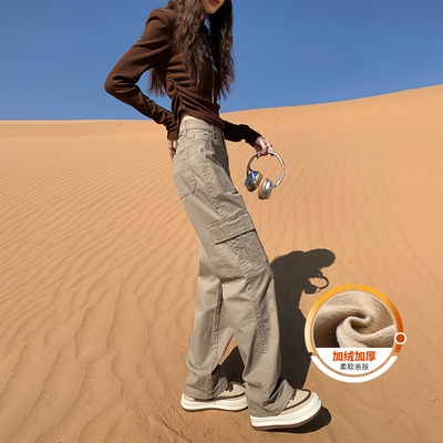 美式卡其色加绒工装裤女