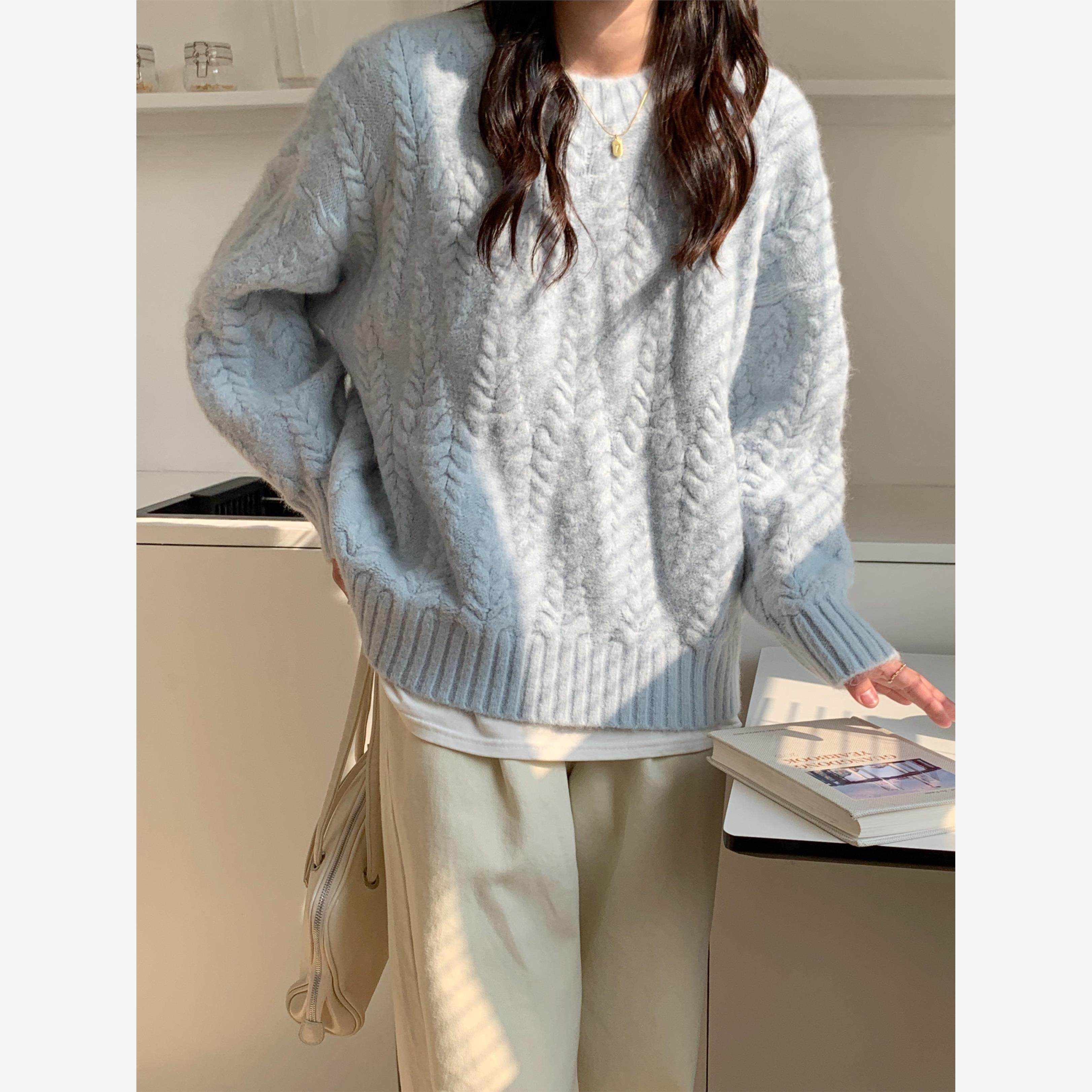 奶蓝色麦穗套头毛衣女202
