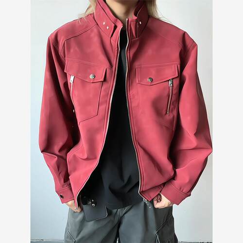 酒红色短款pu皮夹克男款秋季