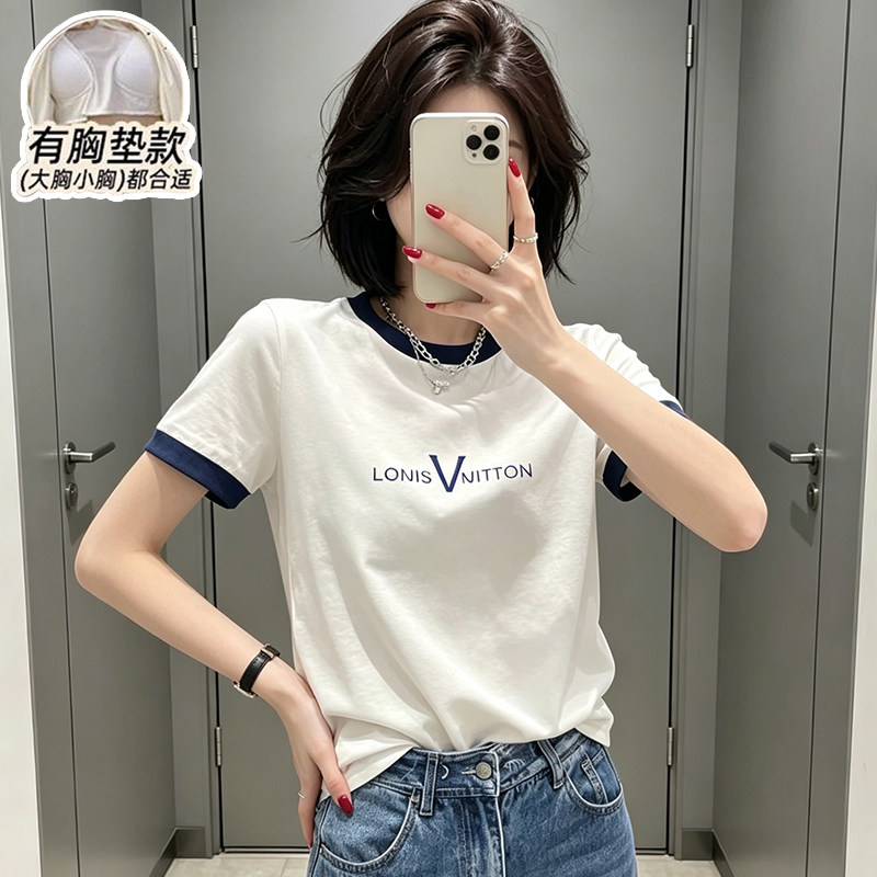 睡衣女夏季纯棉T恤带胸垫简约舒适短袖宽松加大码家居服上衣外穿图片