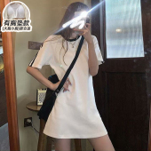 简约宽松白色上衣家居服外穿 纯棉T恤睡衣女夏带胸垫款 中长款 短袖