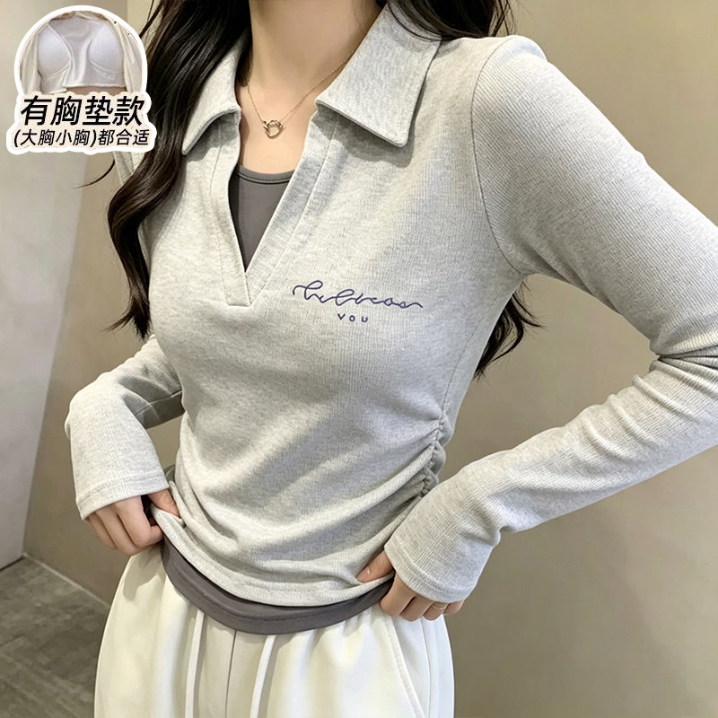 睡衣女秋季带胸垫假两件POLO领长袖上衣女修身显瘦简约家居服外穿