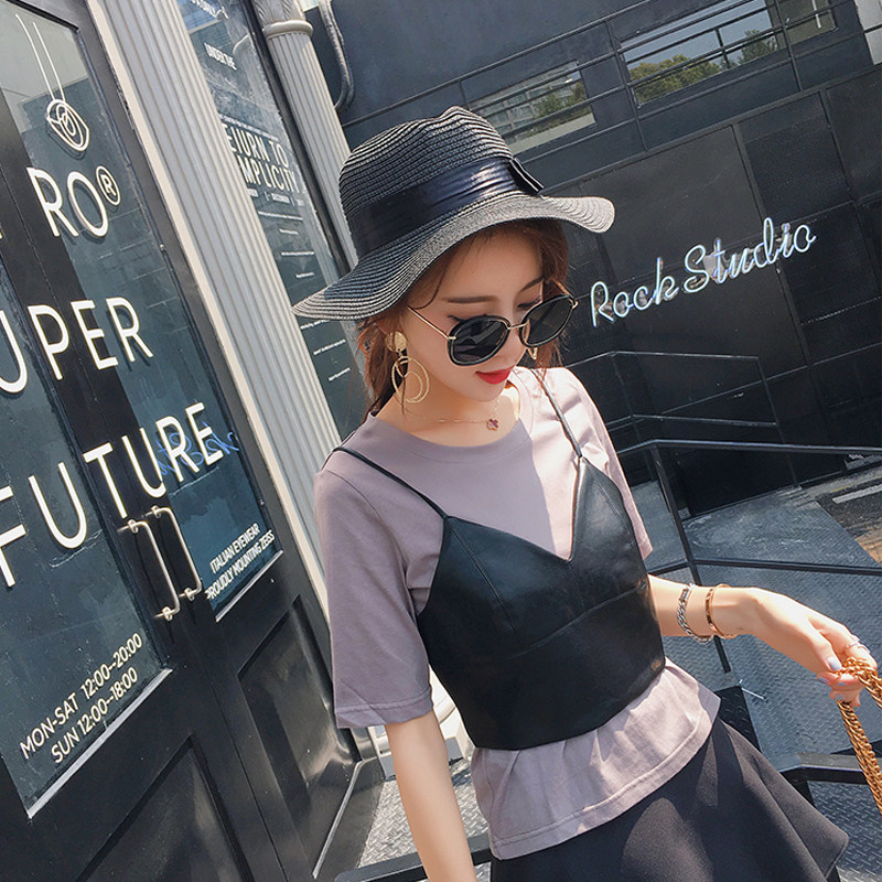 女秋季新款pu皮外搭文胸修身显瘦外穿深v性感吊带小背心黑皮吊带