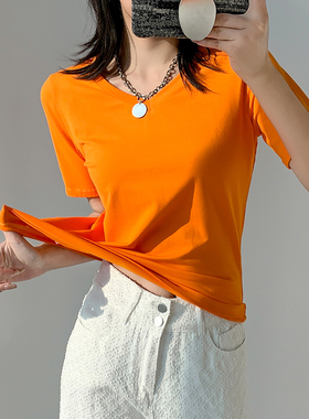 橙色v领宽松短袖t恤女夏纯棉低领打底衫松弛感慵懒风显瘦正肩上衣