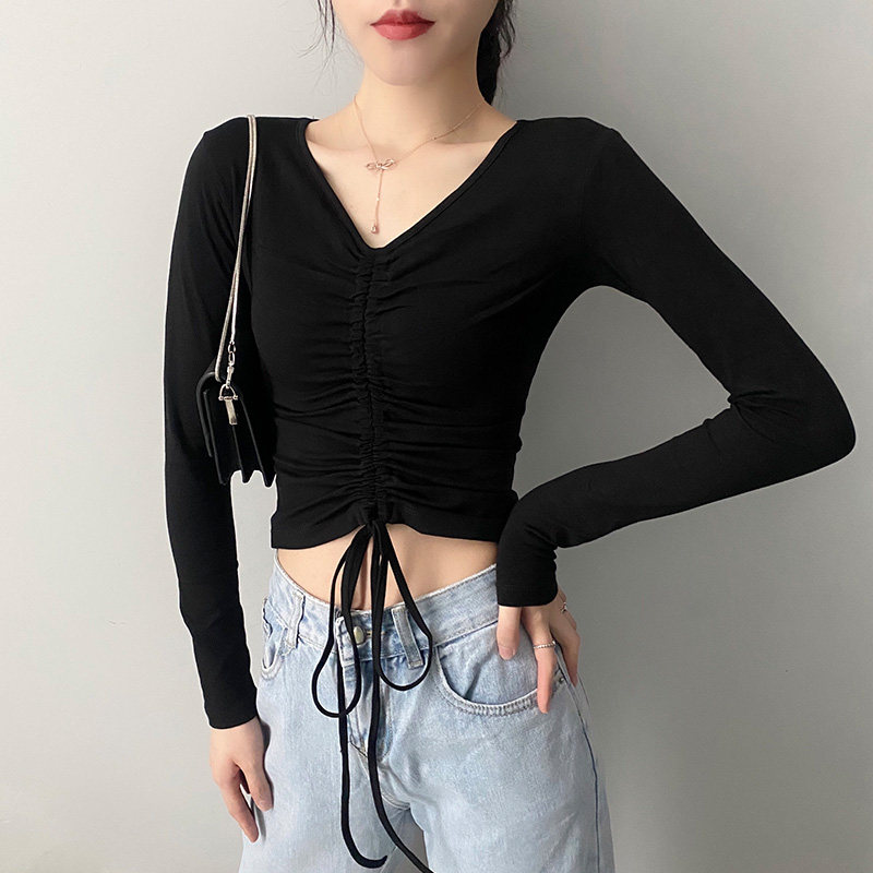 黑色高腰长袖女紧身露脐秋季内搭修身打底衫网红泫雅短款抽绳上衣