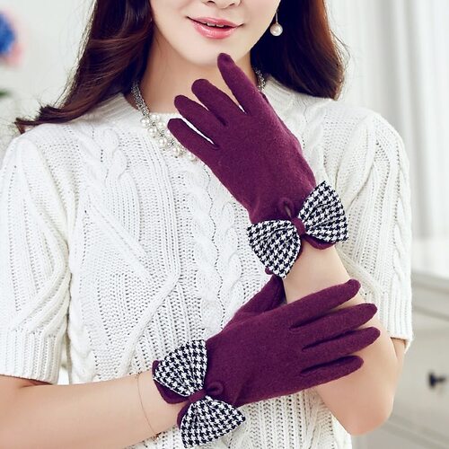 布塔羊毛手套女加绒加厚秋冬时尚韩版显瘦可爱蝴蝶结全指保暖手套