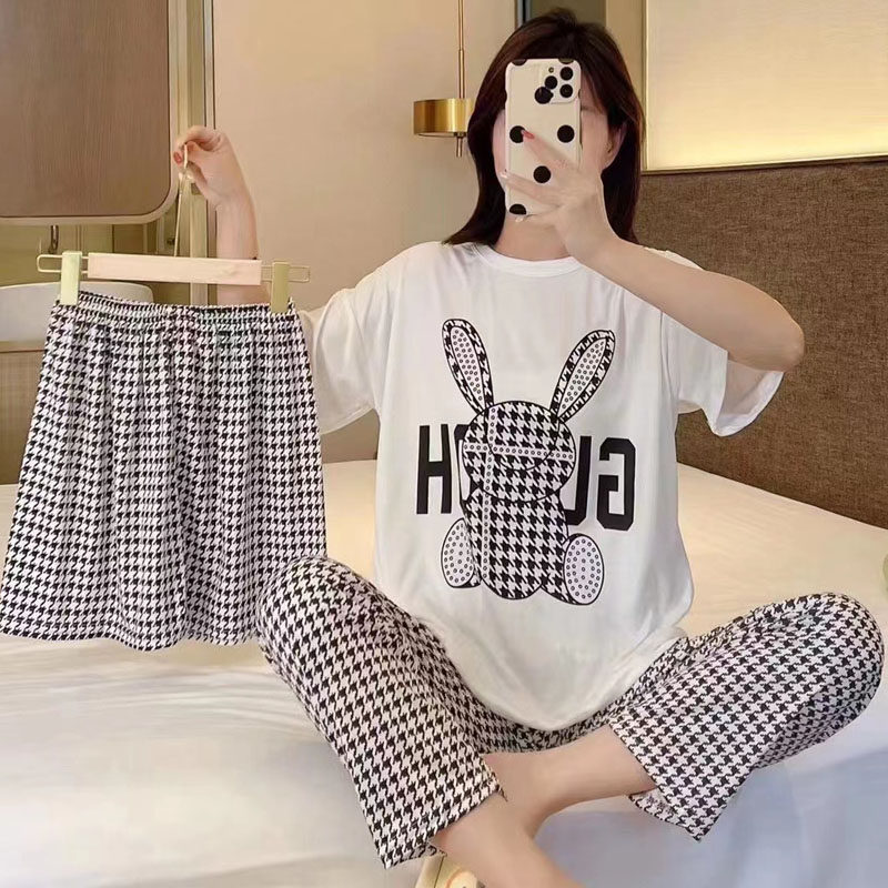 短袖睡衣女夏甜美可爱三件套上衣短裤长裤薄款蝴蝶结家居服可出门