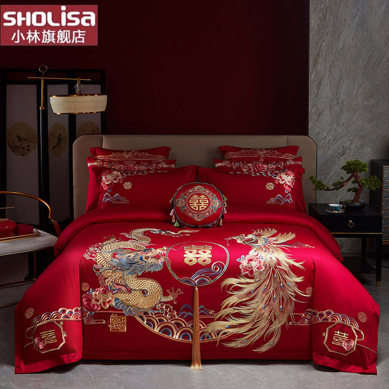 sholisa小林高端轻奢长绒棉婚庆四件套大红结婚龙凤刺绣床单被套