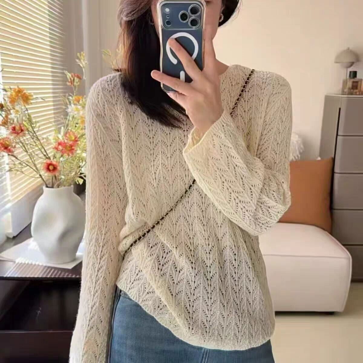 温柔风麦穗圆领秋季慵懒风毛衣女秋冬软糯针织衫宽松显搭上衣