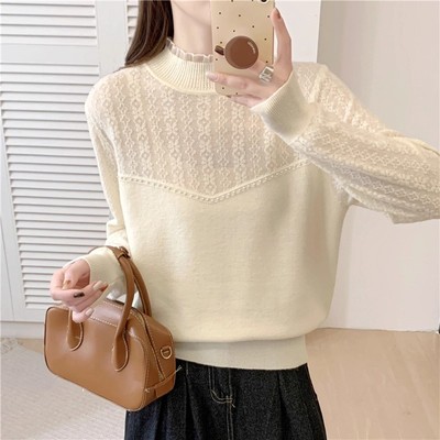 高级感欧根纱半高领秋季新款钉珠羊毛打底针织衫女外穿套头毛衣
