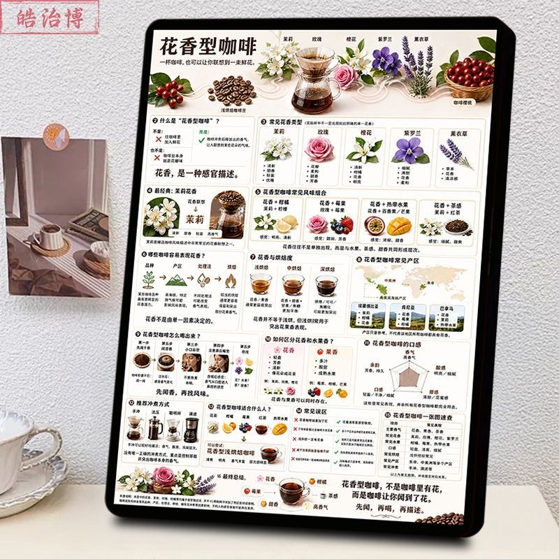 花香型咖啡辨别技巧相框咖啡豆风味解析咖啡馆吧台烘焙工作室摆件