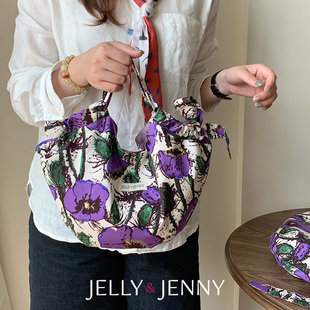 紫罂粟liberty小众设计蝴蝶结抽绳包高级女手拎帆布袋单肩包